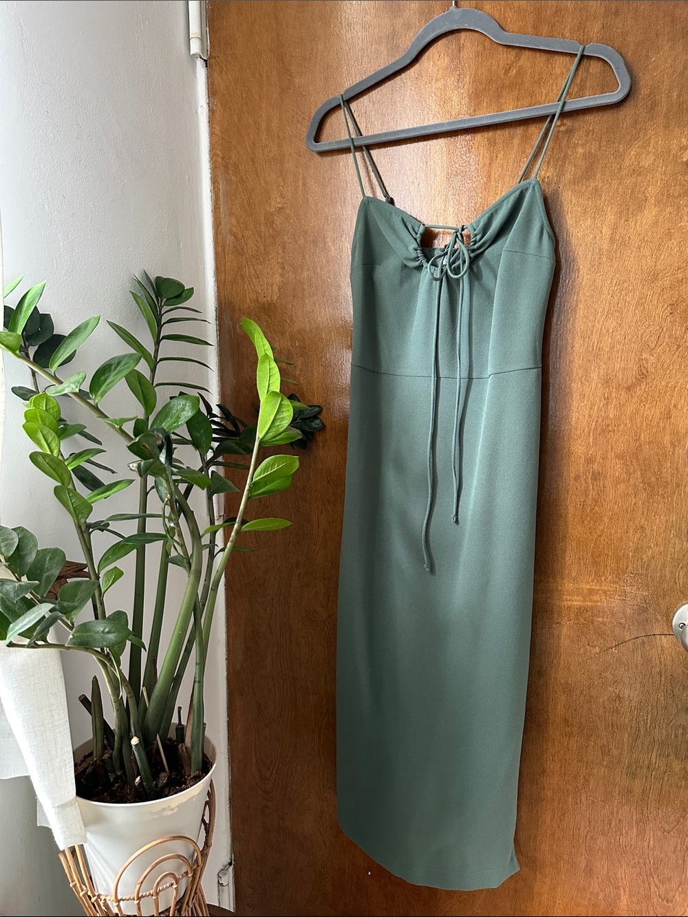 Abercrombie Sage Green Midi Slip Dress with Front Tie